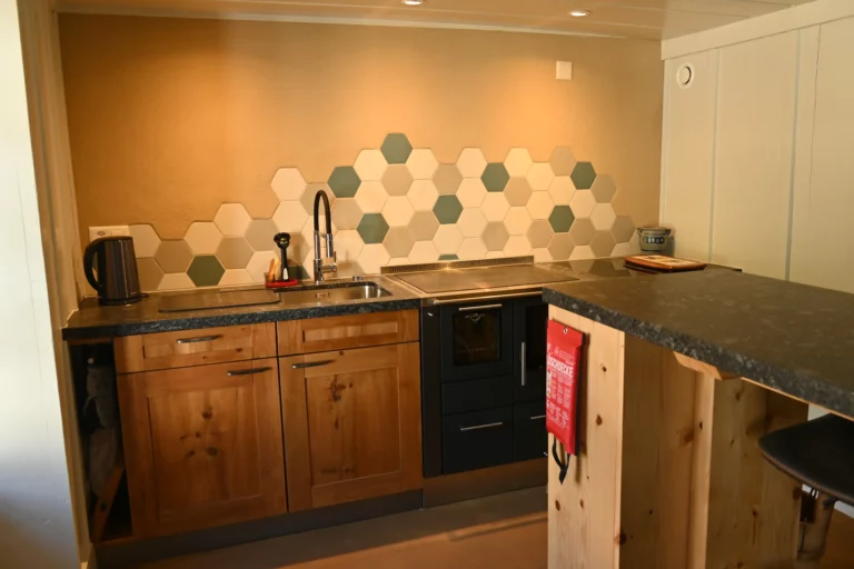 Cuisine avec cuisinière à bois, appartement historique La Poutre de Perlimpinpin