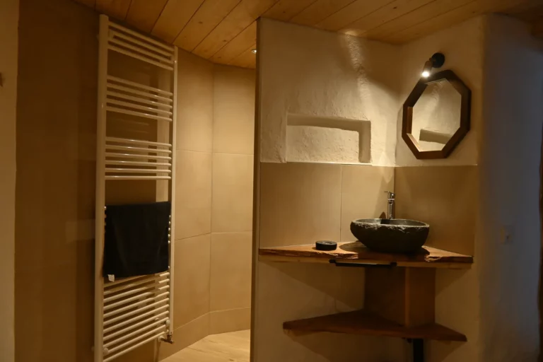 Salle de bain avec douche, appartement historique La Poutre de Perlimpinpin